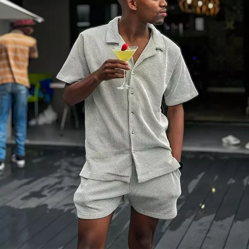Conjunto casual de camisa com botão de lapela masculino, ternos de praia sólidos, manga curta, listrado, jacquard, conjunto de duas peças, roupas fashion, 2024
