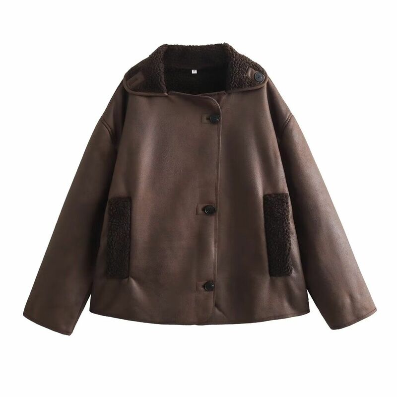Vintage Women Dark Brown Faux Leather Jacket 2024 Fashion Spring Autumn Casual Commute Eastern Coat Button Pocketed Jacket