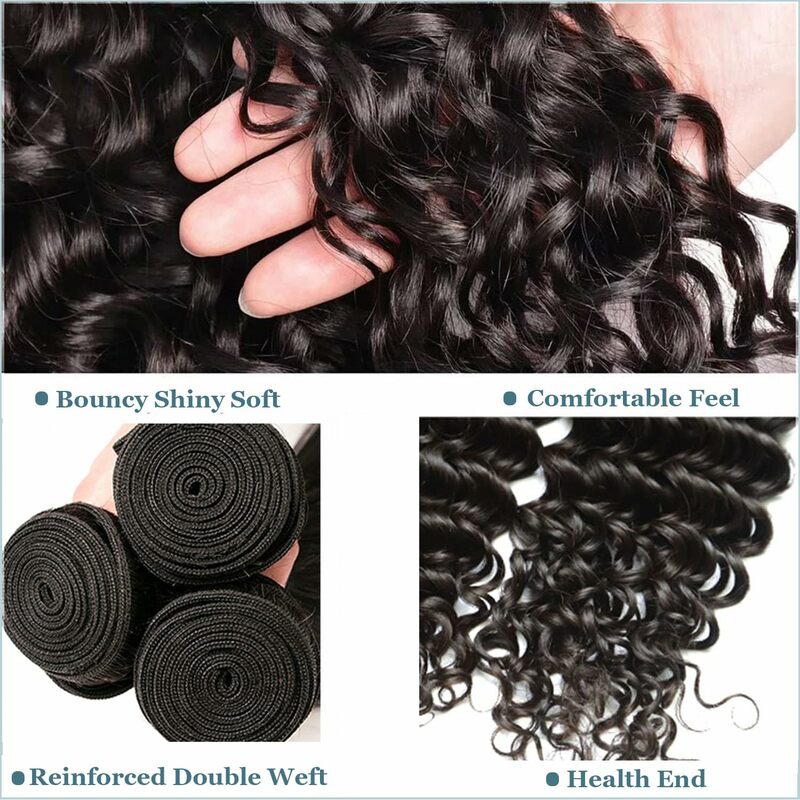 Bundles brésiliens de cheveux humains Deep Wave, cheveux vierges bouclés, 100% non transformés, # 1B, support et faisceaux ondulés