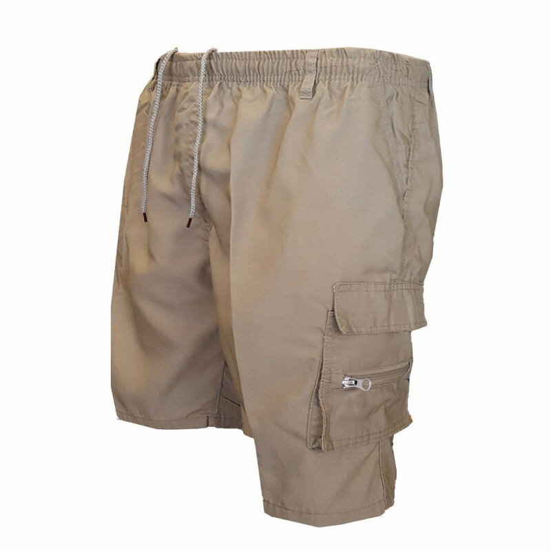 Shorts táticos de perna reta soltos de bolso múltiplo masculino, calça de moletom ao ar livre, calças cortadas de cintura elástica, verão