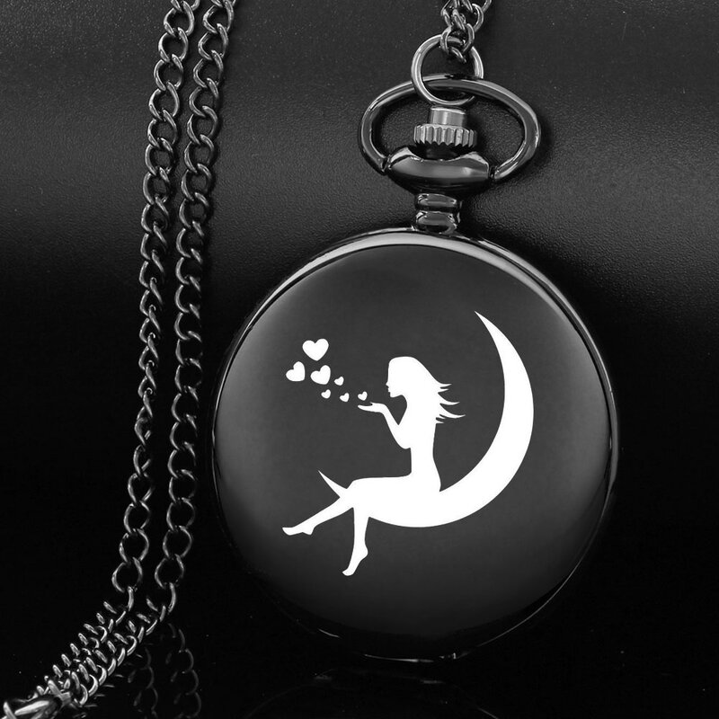 Reloj de bolsillo con diseño de la chica en la Luna, reloj de cuarzo negro con cadena tallada, alfabeto inglés, regalo perfecto