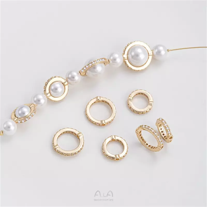 14K Gold-plated Zircon Round Ring Set with Handmade Separated Bead Ring DIY String Pearl Bracelet Necklace Accessories C378