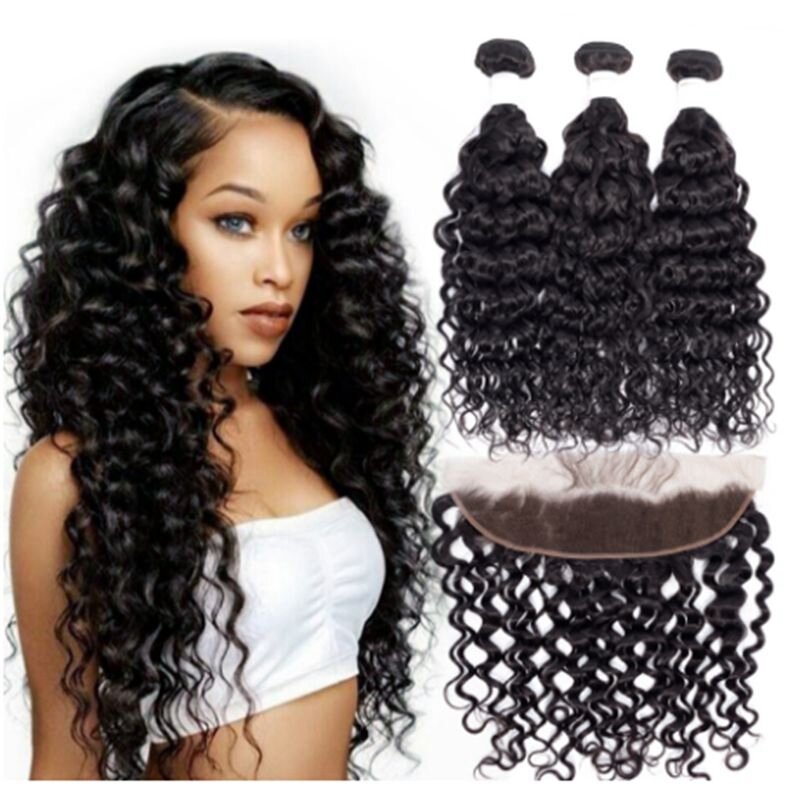 Elfriede Natural Black Loose Deep Wave Bundles with Frontal Brazilian 100% Human Hair Weaves 3 Bundles with Lace Frontal 13x4