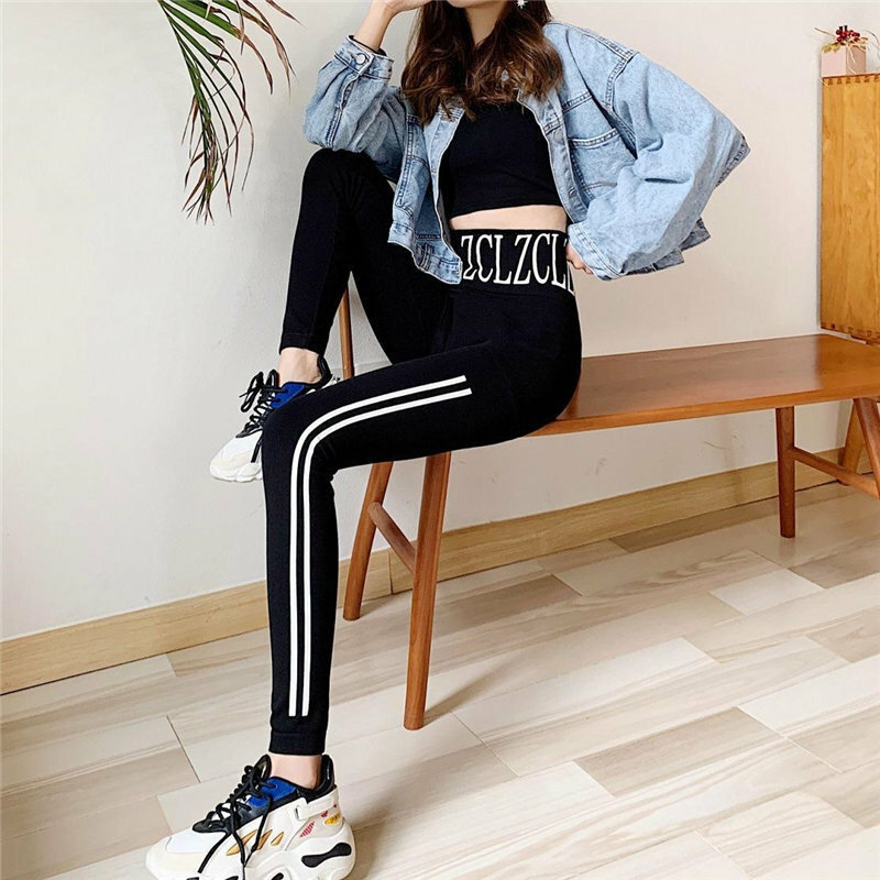 Pantaloni Legging a vita alta con stampa lettere nere donna 2022 nuova primavera autunno moda coreana Leggings Skinny senza cuciture elasticizzati Femme