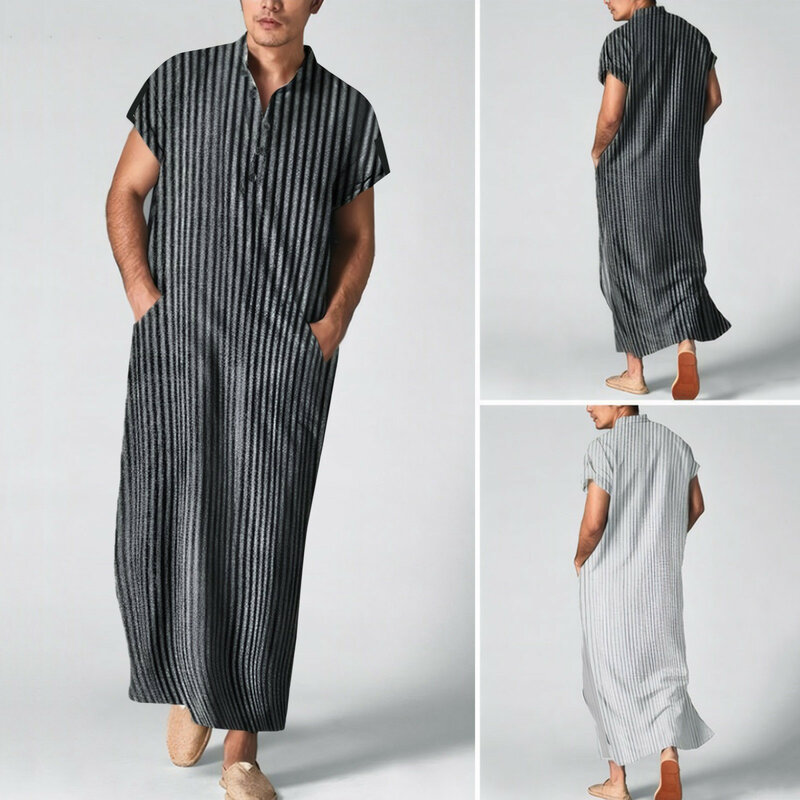 Men's Jubba Thobe Kaftan Muslim Arab Islam Striped Short Sleeve Solid Summer Muslim Thobe Robe Fashion Arabia Man Fashion abaya