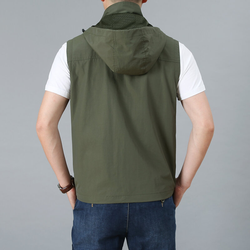 Куртка мужская приталенная с большим количеством карманов, Повседневная ветровка для рыбалки, модная с капюшоном, без рукавов