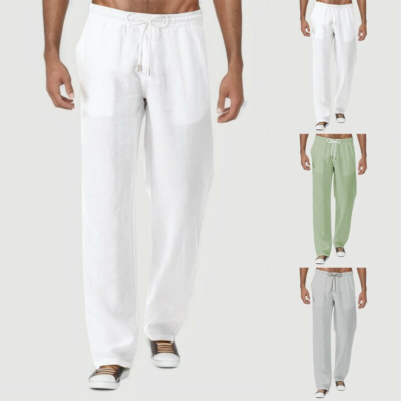 Summer Men's Casual Fashion Pants Natural Cotton Polyester Trousers White Polyester Elastic Waist Straight Men's Pant
