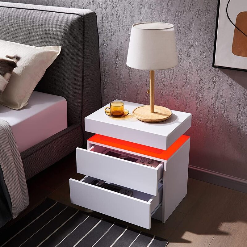 Set of 2 LED Nightstand with 2 Drawers, Bedside Table with Drawers for Bedroom Furniture, Side Bed Table with LED Light, White