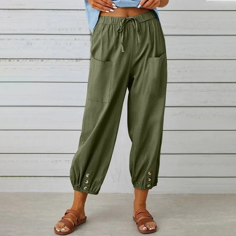 2023 New Loose Casual Type High Waist Tie Button Pocket Cotton Trousers Nine-minute Trousers Wide Leg Women's Trousers Commute