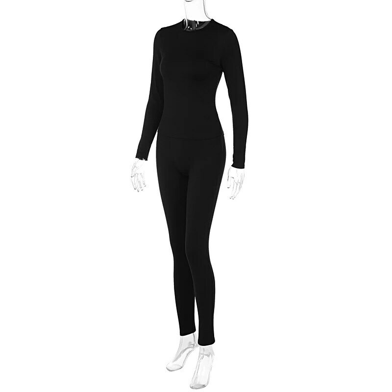 Sexy T-Shirt Pants 2 Piece Set O Neck Long Sleeve Solid Bodycon Casual Streetwear Sports Gym Tracksuit 2023 Fall Winter