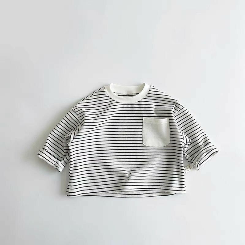 Детская футболка с длинным рукавом, на раннюю весну, Корейская версия одежды, модная свободная Базовая рубашка, новый дизайн, полосатый топ унисекс с круглым вырезом