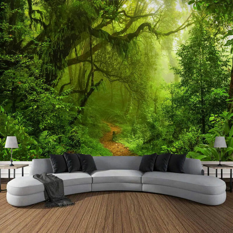 غابة طبيعية جميلة مطبوعة نسيج حائط كبير ، تعليق جداري هيبي رخيص ، أقمشة بوهيمية ، ديكور جدار ماندالا