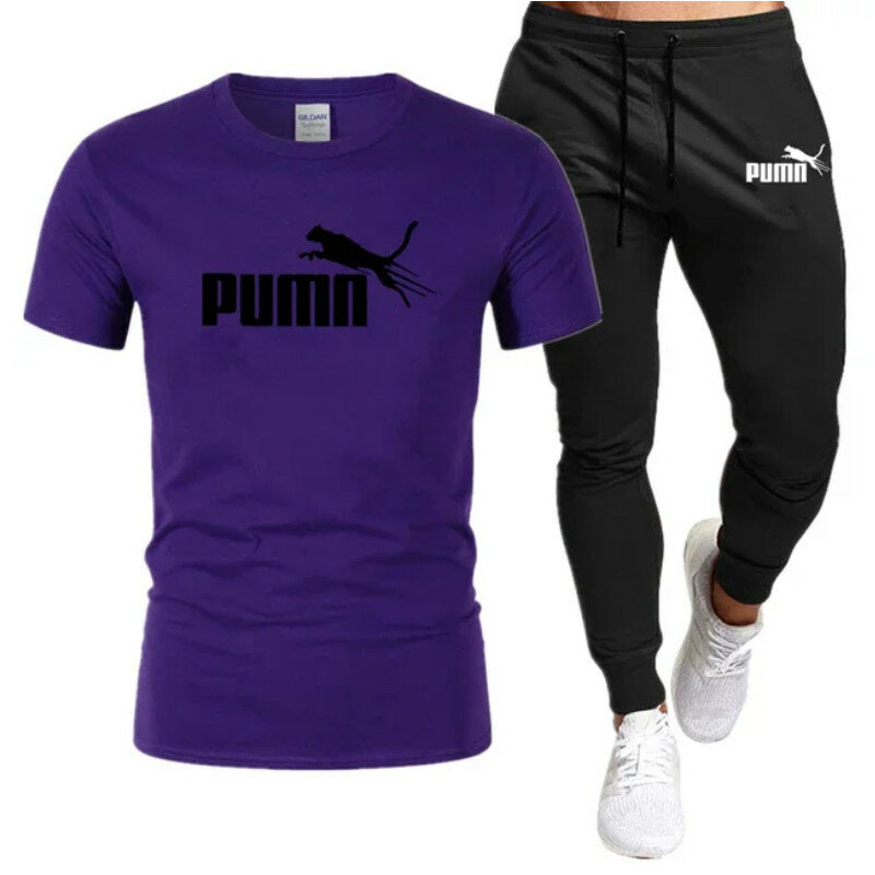 メンズ半袖Tシャツと黒のカジュアルパンツ,快適な服,コットン,スポーツウェア,2個