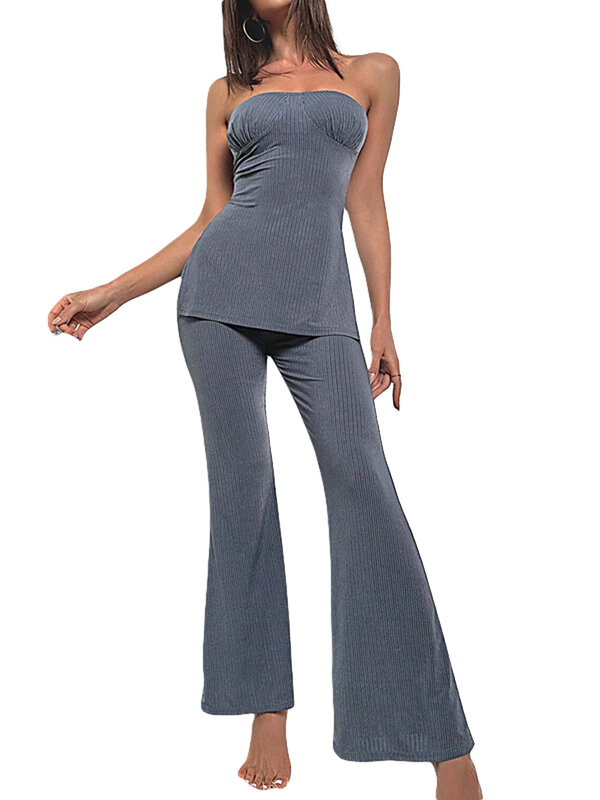 Women 2 Piece Loungewear Solid Color Slit Bandeau Tops and Flared Pants Pajama Set Soft Sleepwear for Nightwear