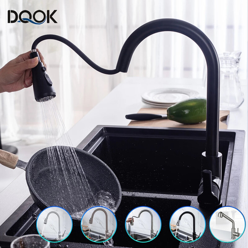 Черный кухонный кран, выдвижной смеситель для раковины, матовый никель, струйный распылитель, хромированный кухонный водопроводный кран