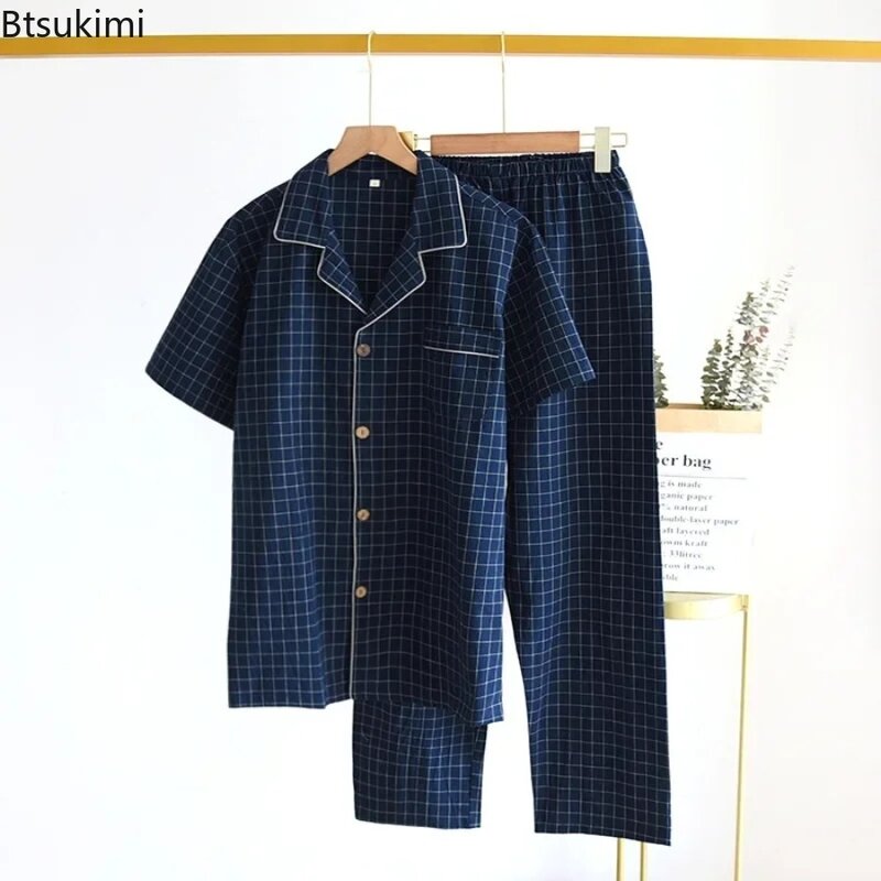 Fato de pijama xadrez japonês masculino, roupa doméstica simples, calça e manga curta, pijamas lounge, moda de alta qualidade, novo, 2 peças