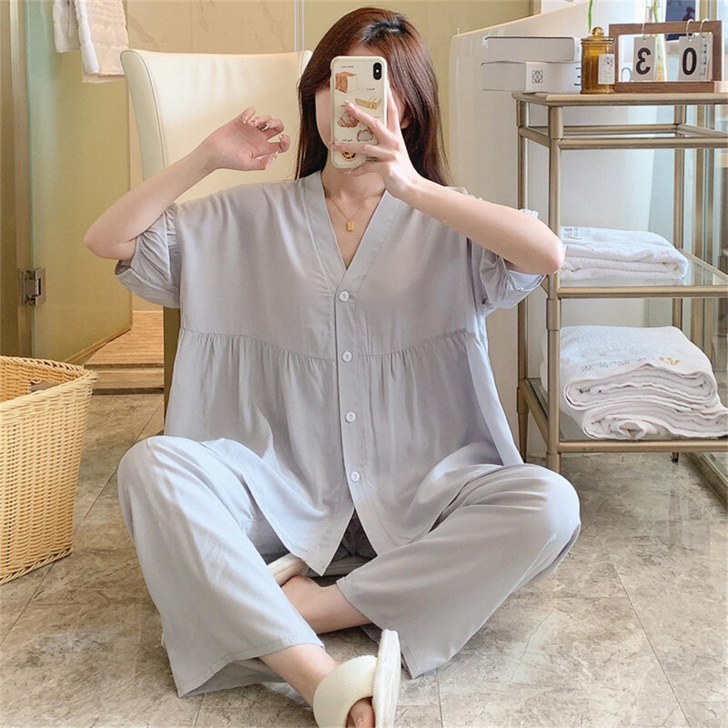 Women's Casual Short Sleeves Pants Pajamas Set Spring Summer Thin Loose Large Size Ladies Home Clothes Two-piece Sleepwear Suit