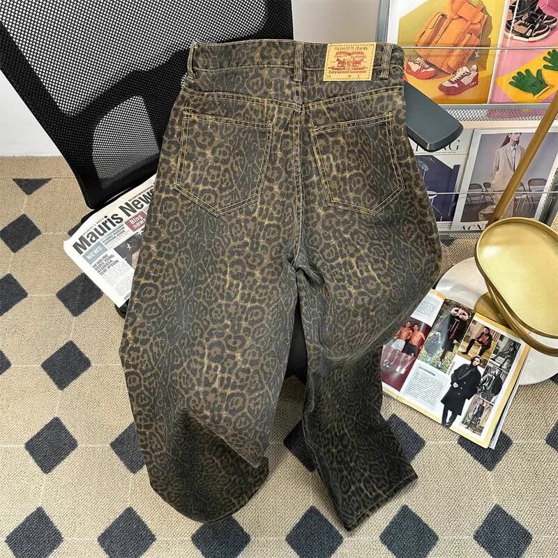 2024 new trendy brand ins pantaloni con stampa leopardata per uomo American Y2K retro high street pantaloni jeans casual larghi pesanti