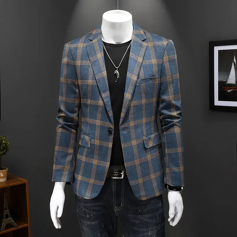 Najwyższej jakości elegancka typu Slim dopasowana męska krata żakiet z dzianiny dresowej 2023 wiosna jesienna blezery na co dzień męska elegancka strój kurtka 5XL
