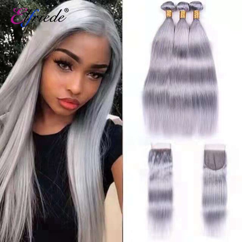 Elfriede # Grey Steil Haar Bundels Met Sluiting Braziliaanse Remy Human Hair Wefts 3 Bundels Met Transparante Kanten Sluiting 4X4