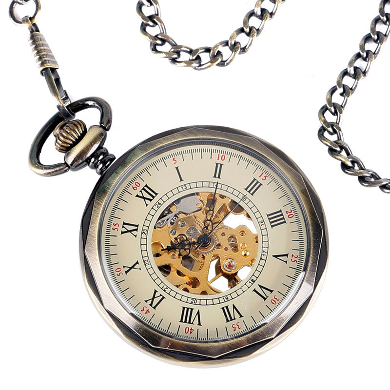 Rzymskie cyfry z otwartą twarzą z brązu mechaniczne ręczne nakręcanie męski zegarek kieszonkowy torba w stylu Retro łańcuszek staromodny wisiorek zegarek prezent