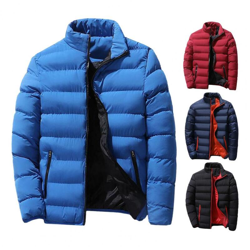 Abrigo acolchado de manga larga para hombre, chaqueta gruesa con cierre de cremallera y cuello levantado, resistente al viento, suave y cálida, para invierno