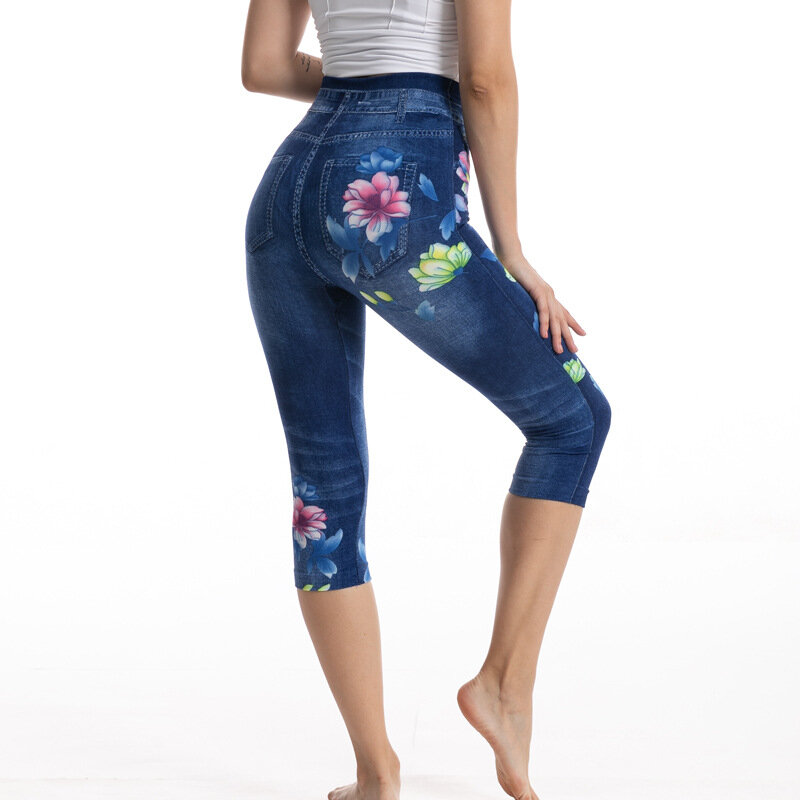 Vintage impresso imitação denim cintura alta leggings elástico hip lift capri yoga calças esportivas calças de brim