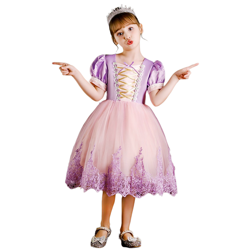 Vestido de princesa Rapunzel para niños, disfraz de princesa de Halloween, manga abullonada rosa, fiesta, Bola de Navidad, Gown1-6T