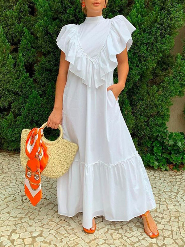 2023 moda lato bez rękawów kobiety długa sukienka Celmia eleganckie Ruffles Streetwear sukienka letnia maksi dorywczo luźne stałe Vestidos Robe