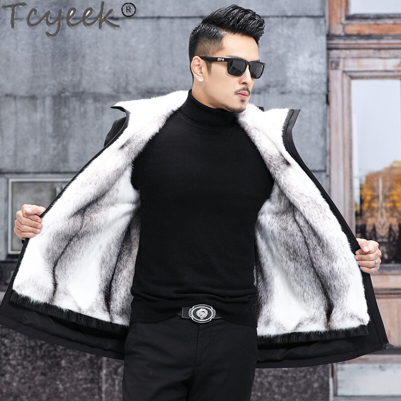 Tcyeek mantel bulu cerpelai asli jaket bulu asli High-end Cross Ferret untuk pria pakaian jaket musim dingin 2023 mode pria Parka panjang setengah
