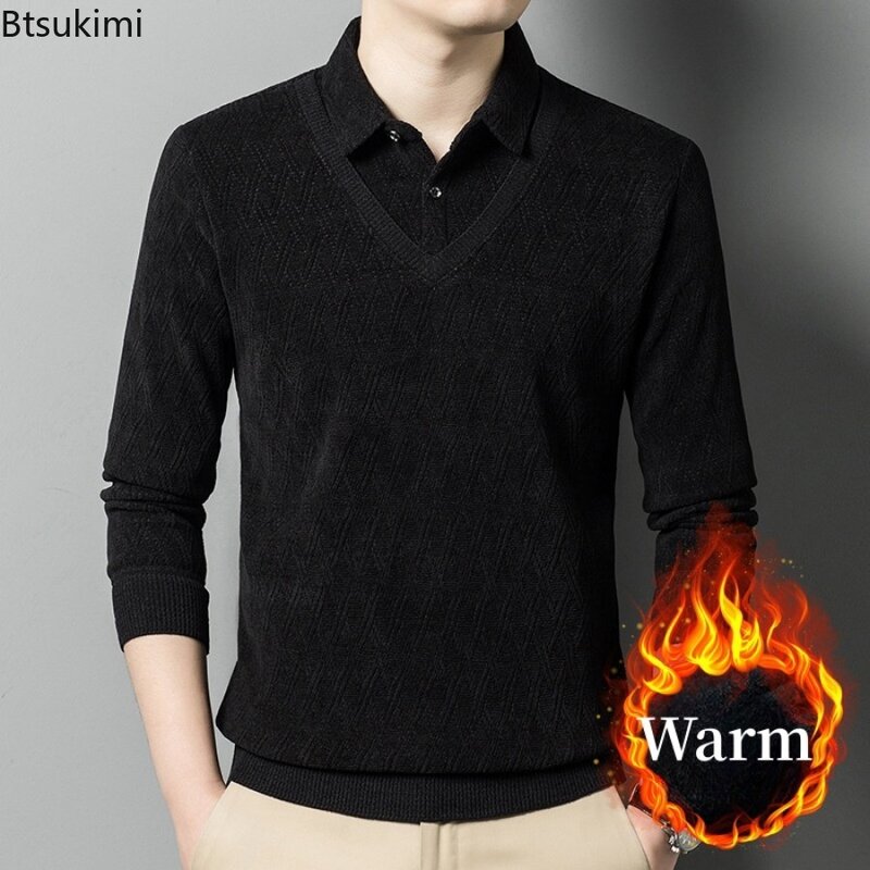 New Men's Autumn Winter Casual Knitted Pullovers Polo Collar Fake Two Piece Knitwear Sweaters Comfortable and Warm Tops for Men