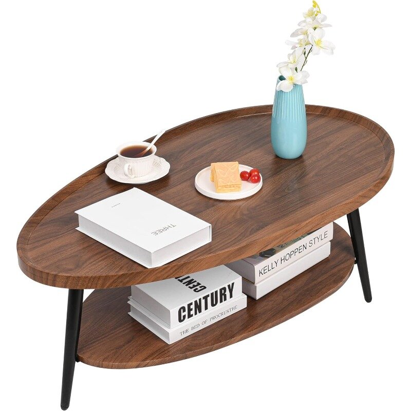 Zedesey 2 단 커피 테이블, 수성 나무 중심 테이블, 중세기 타원형 커피 테이블, 소박한 농가 커피 테이블