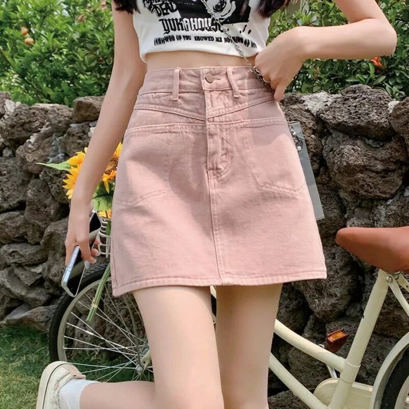 2024 Dirty Pink Cowboy Half Body Short Skirt for Women in Summer Small Stature Slim A-line Anti Glare Wrapped Hip Half Skirt