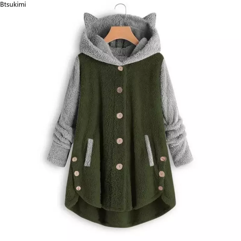 Neue 2024 Frauen kawaii Katzen ohren Mantel Herbst Winter Langarm warme Hoodies weibliche lässige einreihige Tasche Plüsch Outwear