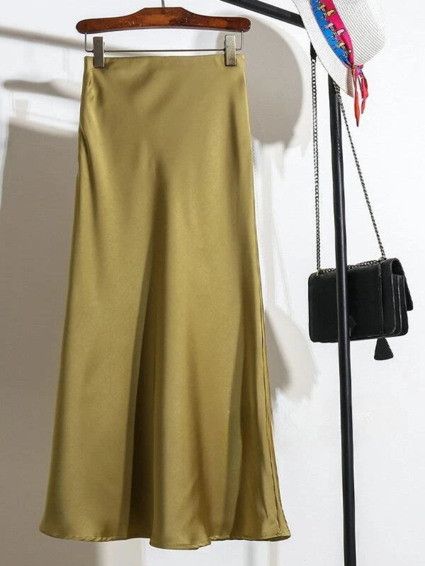 Damska elastyczna talia długa satynowa spódnica Midi elegancka wysoka talia długa spódnica na lato szampana fioletowa jedwabna spódnica w kształcie linii dla kobiet