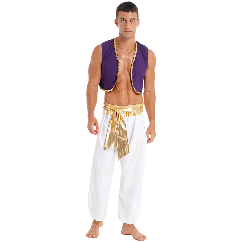 Costume da uomo di Halloween mitico principe Aladin Carnival Carnival Cosplay Party Outfit gilet con paillettes con pantaloni con cintura