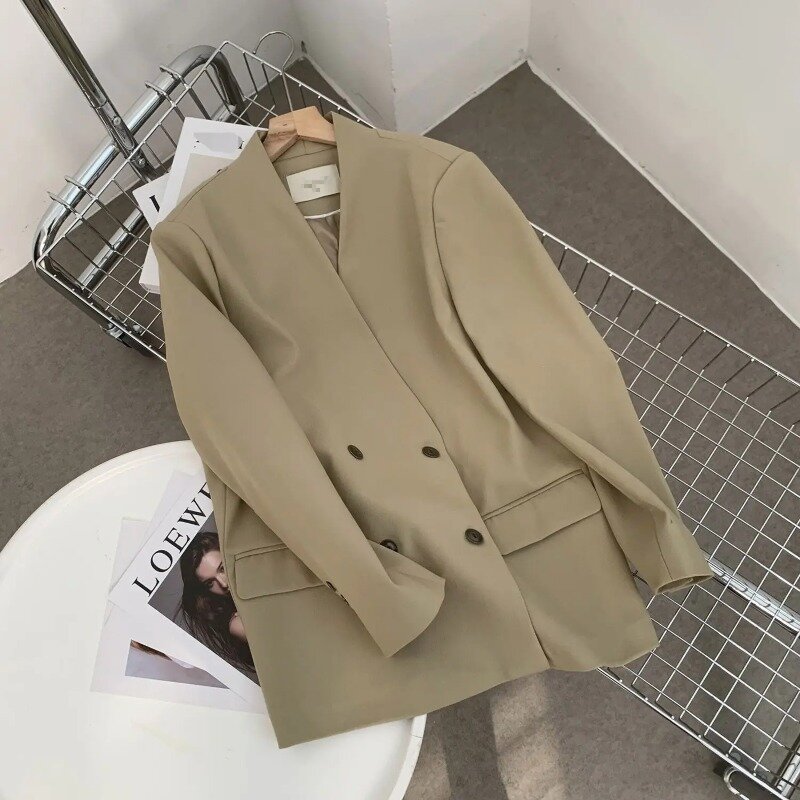 Insozkdg Blazer Women 2024 Spring New Korean Loose Design Collarless Outerwear Suit Jacket Women Clothing Autumn Casual Top Coat