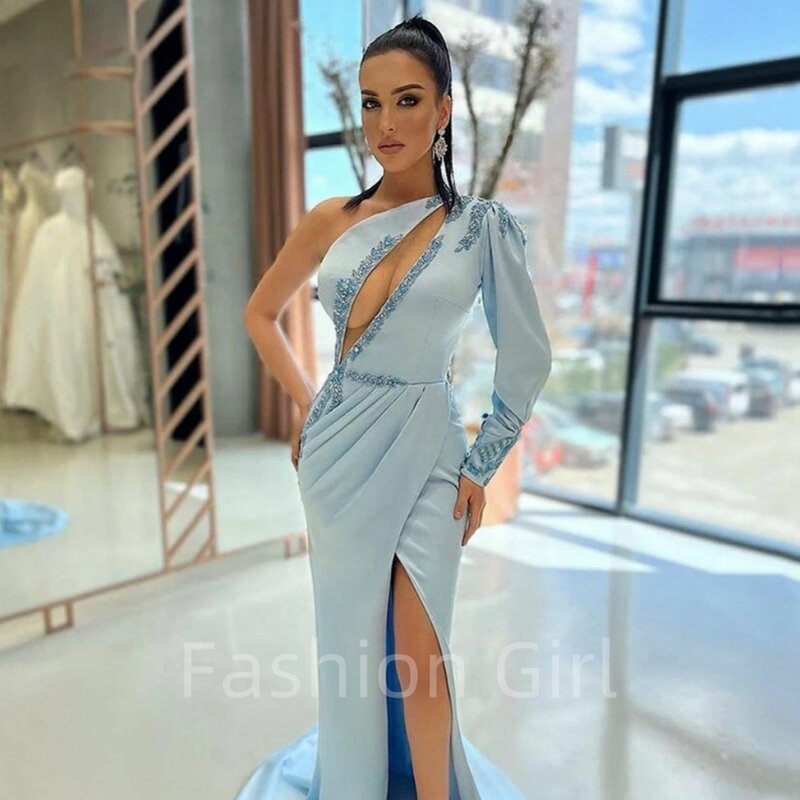 Light Blue Sexy Halter Neck Mermaid One Long Sleeve Prom Dress Women Side Slit Satin Pleat Beaded Appliques Party Gowns