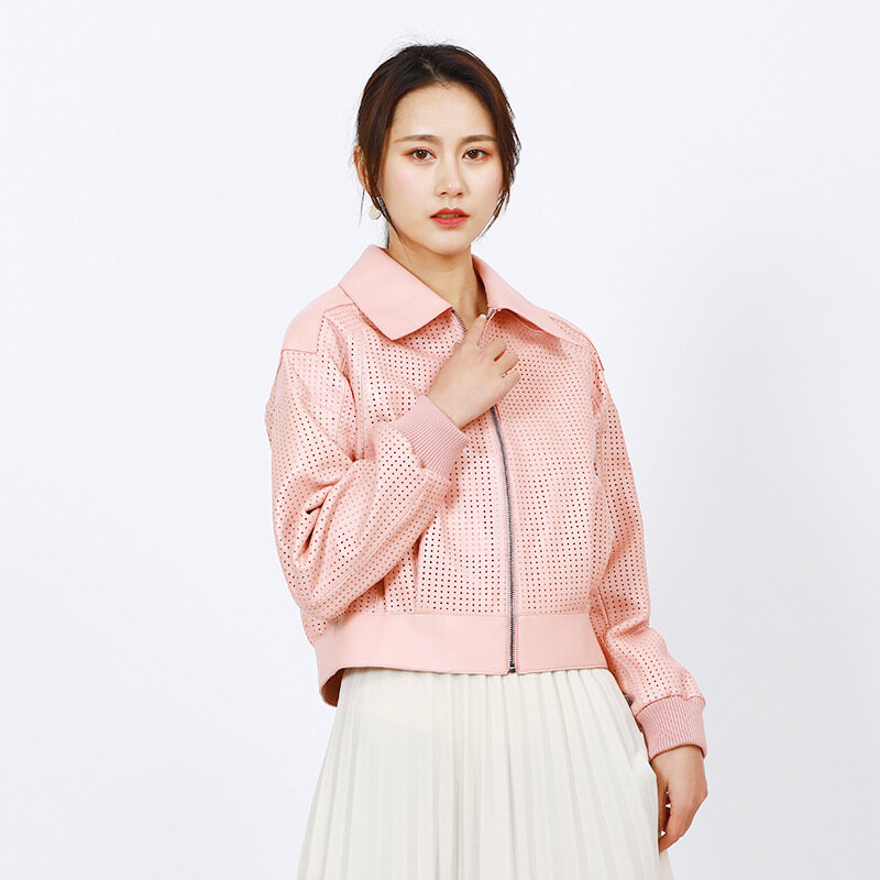 AYUNSUE-Chaqueta de piel auténtica para mujer, abrigo rosa, chaquetas de piel de oveja auténtica, abrigos de cuero calados para primavera