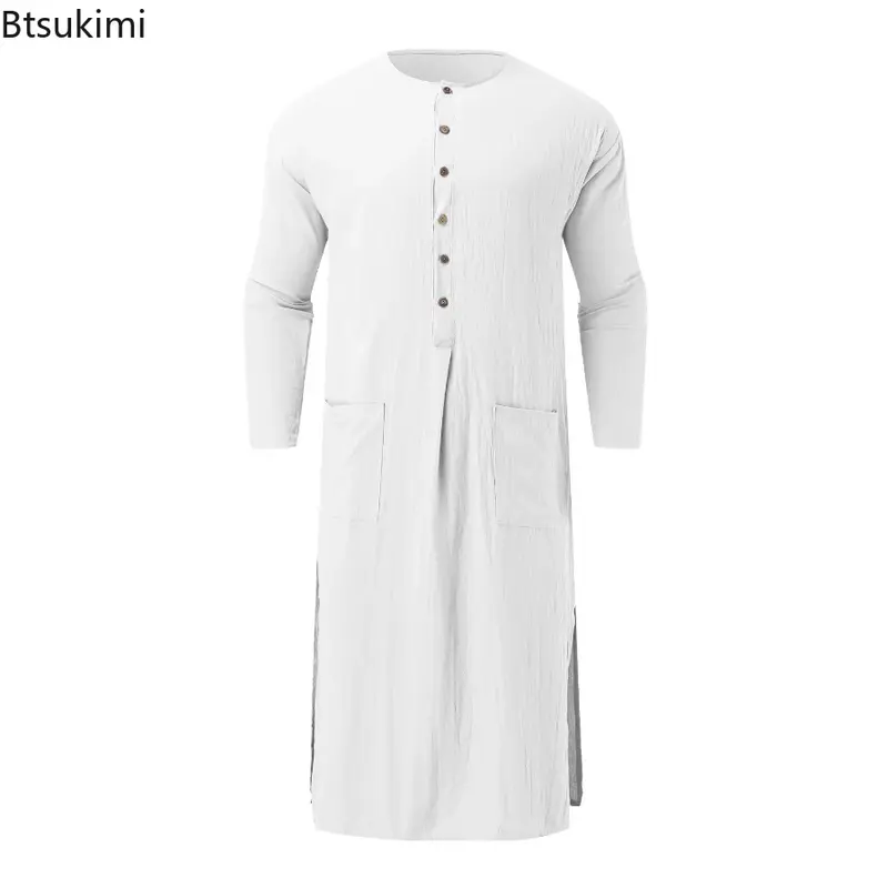 Jubba Thobe muçulmano de manga comprida masculino, kaftan casual, fecho de botões, cor sólida, roupa árabe de fenda masculina, novo, 2022