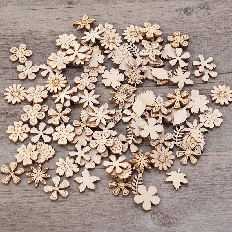 100Pcs Wood Discs Slices Flower Shape Unfinished Wooden Cutouts Craft DIY Decoration