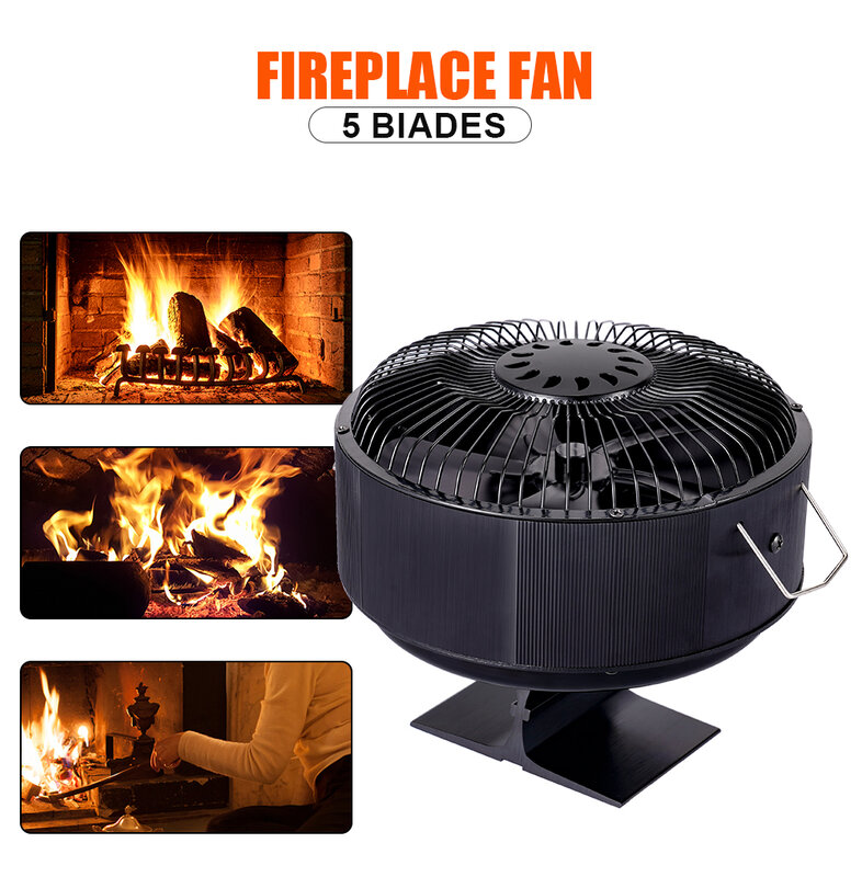 5 Blade Black Stove Fan Heat Powered Fireplace Fan Log Wood Burner Eco Quiet Free-standing Home Warm Efficient Heat Distribution