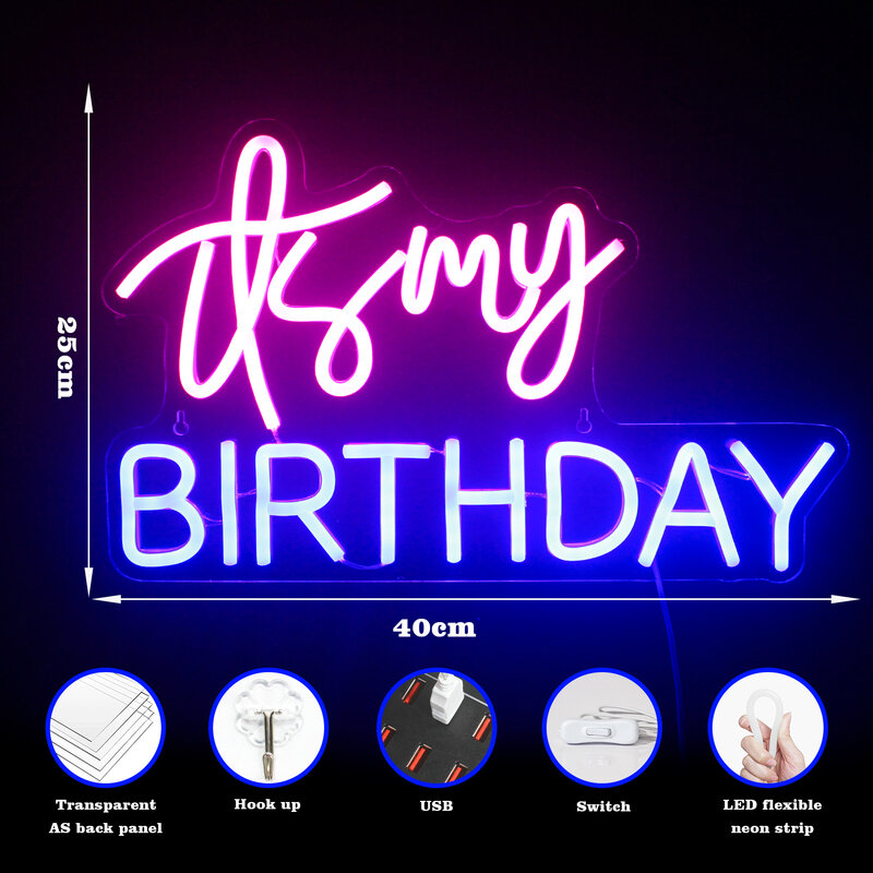 Letrero de neón de feliz cumpleaños para decoración de fiesta, luz colgante de letras USB, lámpara de pared de arte LED, bonito artículo de regalo