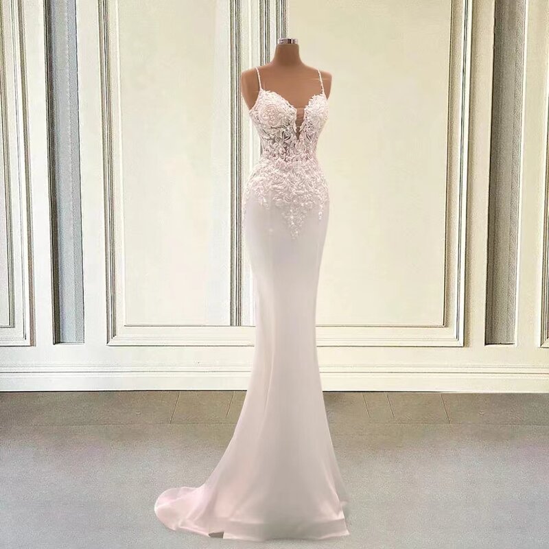 Spaghetti Straps Mermaid Satin Wedding Dresses 2023 Sweetheart Lace Appliques Simple Bohemian Bridal Gown Vestido De Noiva