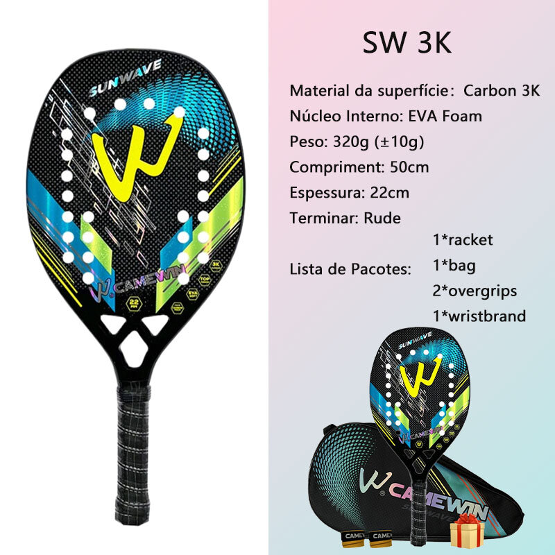 Camewin-Raquete de tênis de praia para homens e mulheres, fibra de carbono completa, superfície áspera, esportes ao ar livre, jogador sênior adulto, novo, 3K, 2022