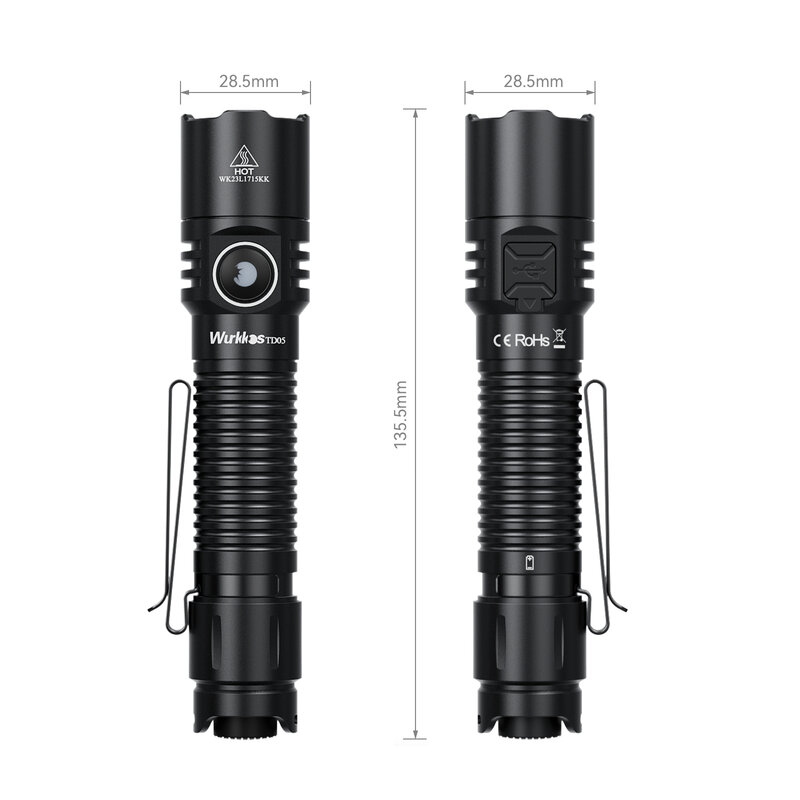Wurkkos lanterna tática recarregável com interruptor lateral e interruptor de cauda tática, IP68 impermeável EDC, TD05, 18650, 1800lm, Throw 373M