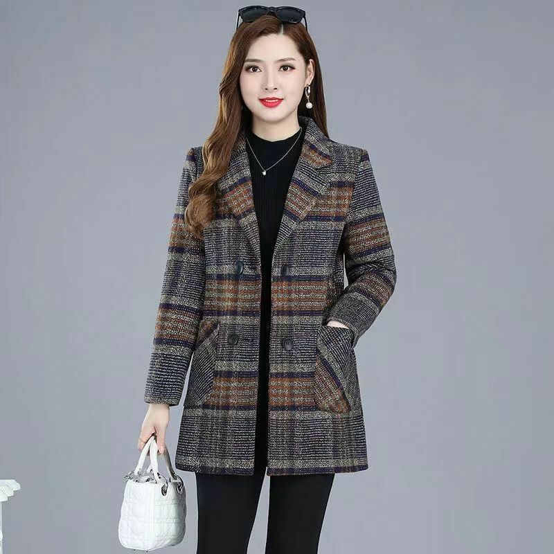 빈티지 격자 무늬 트위드 블레이저, 긴팔 트위드 재킷, 여성 의류, 가을 바람막이 포켓, 한국 시크 슬림 아우터