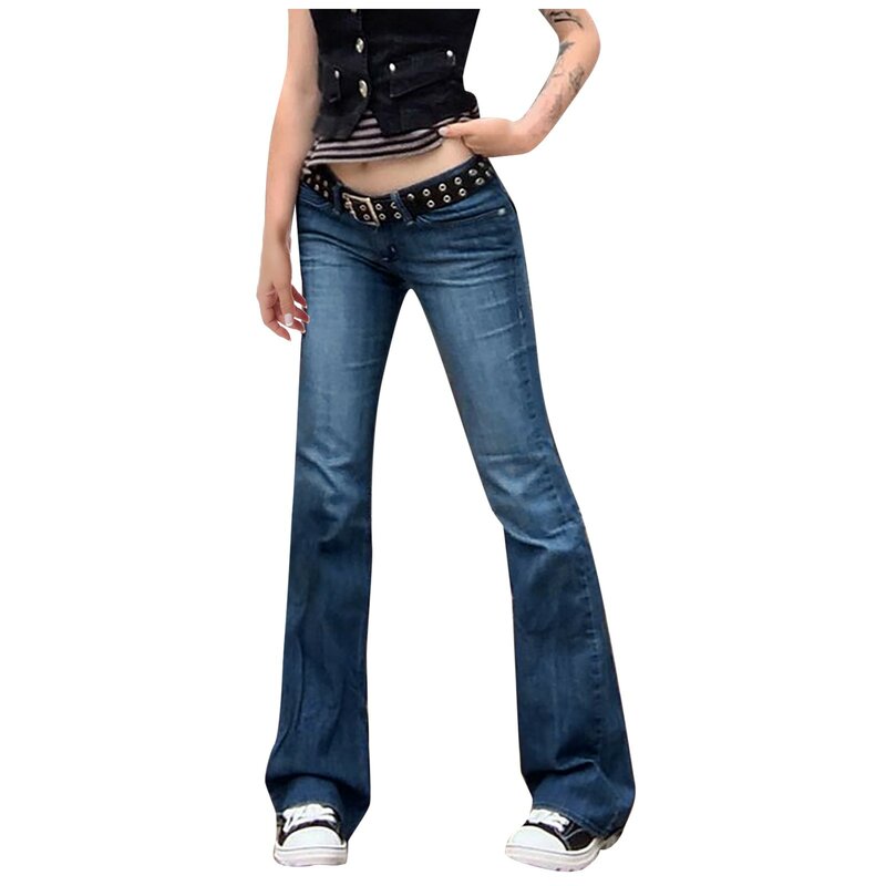 Jeans flare vintage feminino com bolsos, ajuste fino, elástico, calças com bunda para levantar, perna reta, Harajuku, moda, 2024