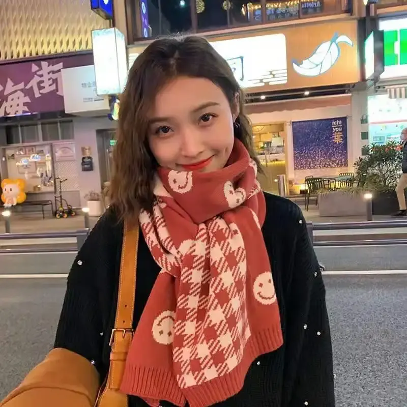 남녀공용 따뜻한 숄, 웃는 얼굴 격자 무늬 스카프, 한국 버전, 다용도 귀여운 소녀 니트 넥, 가을 및 겨울