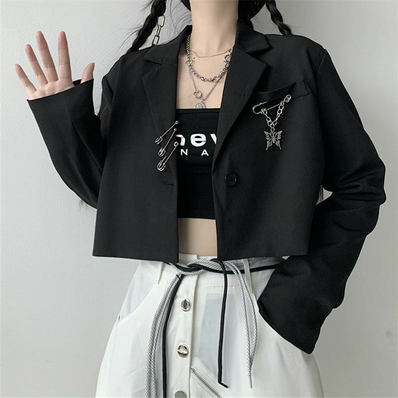 Женская маленькая куртка, весна-осень 2024, черный костюм, короткая куртка